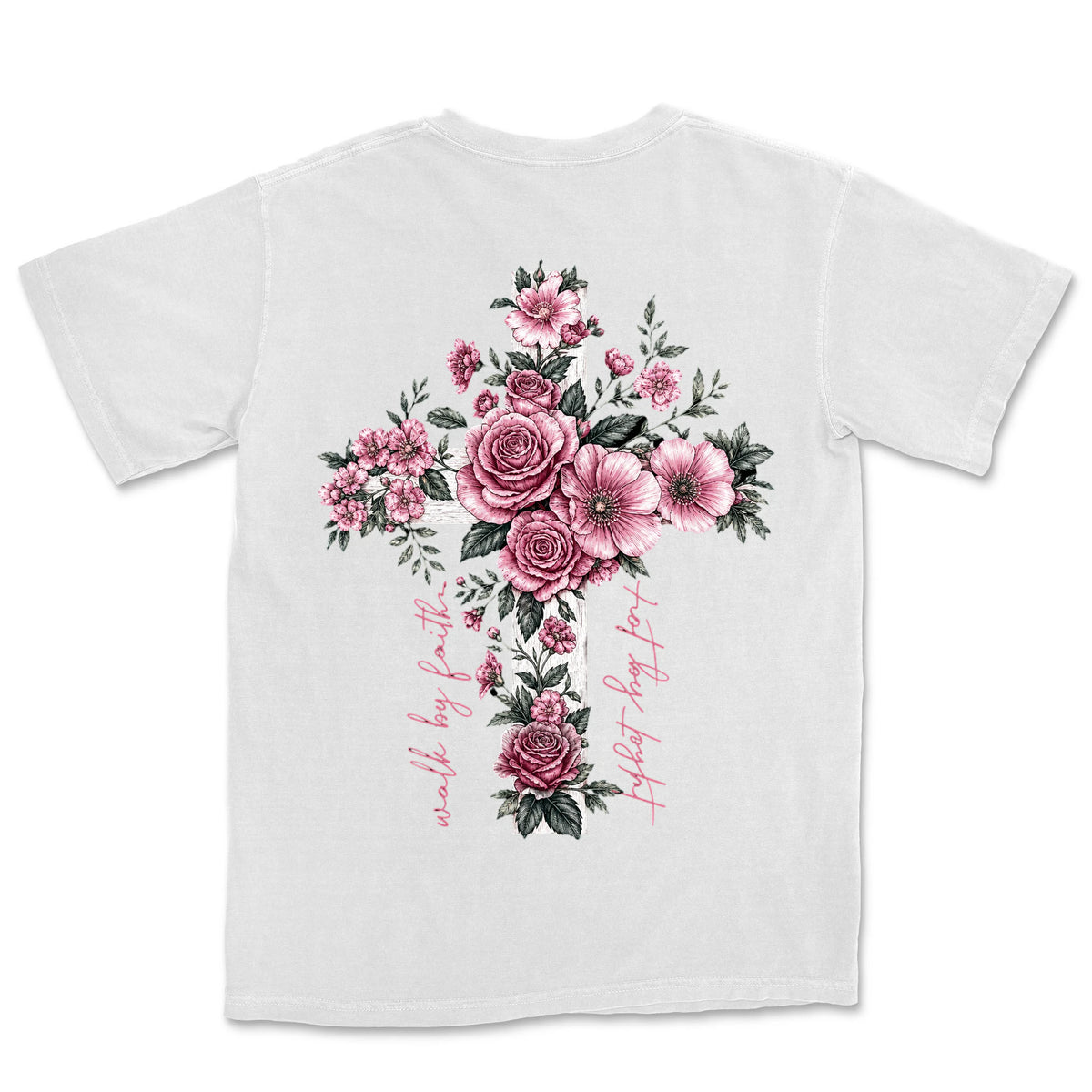 Walk By Faith Rose Cross | White back