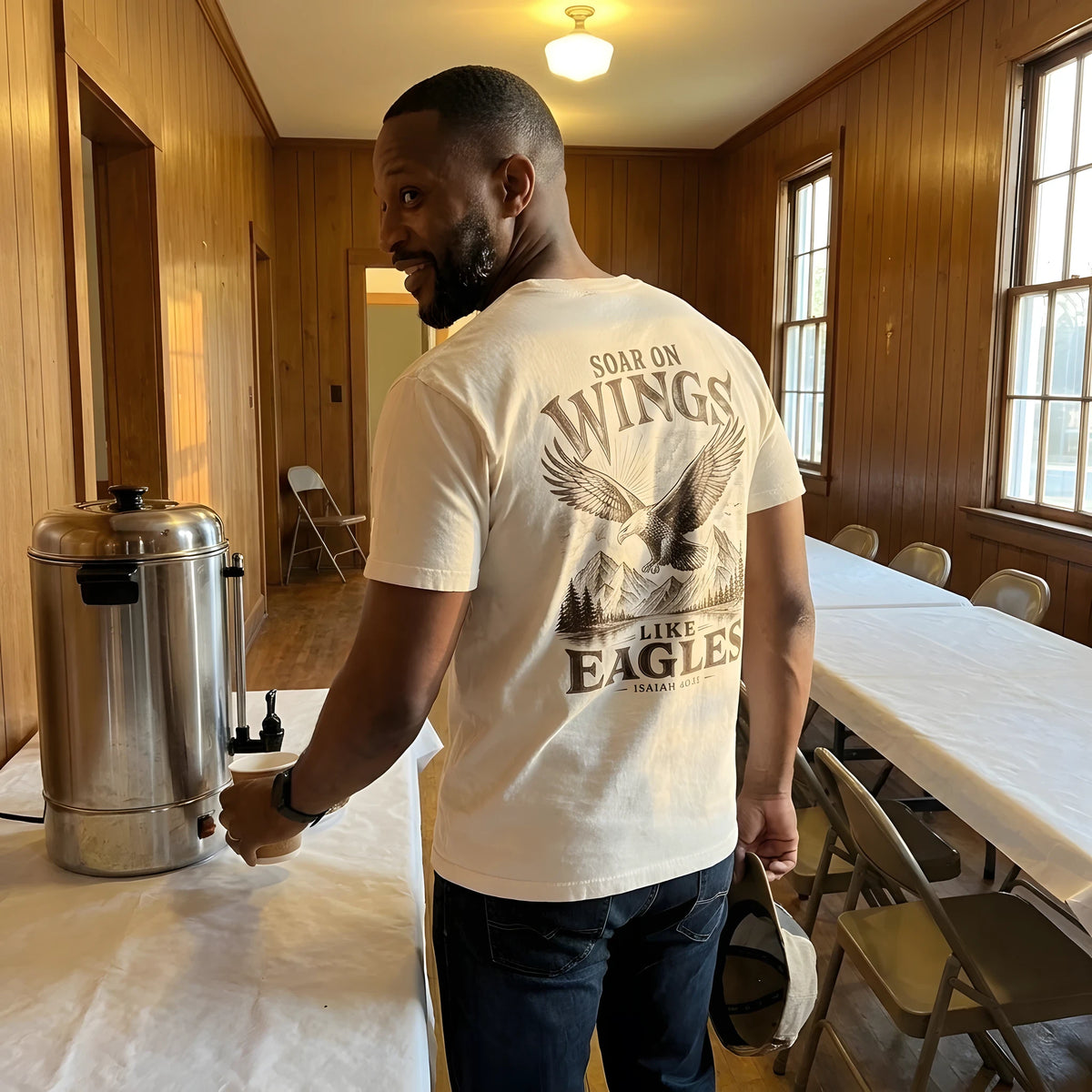 Soar On Wings Like Eagles Mountain Lake worn by a model | Ivory model back