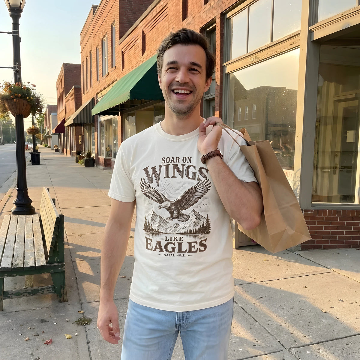 Soar On Wings Like Eagles Mountain Lake worn by a model | Ivory model front