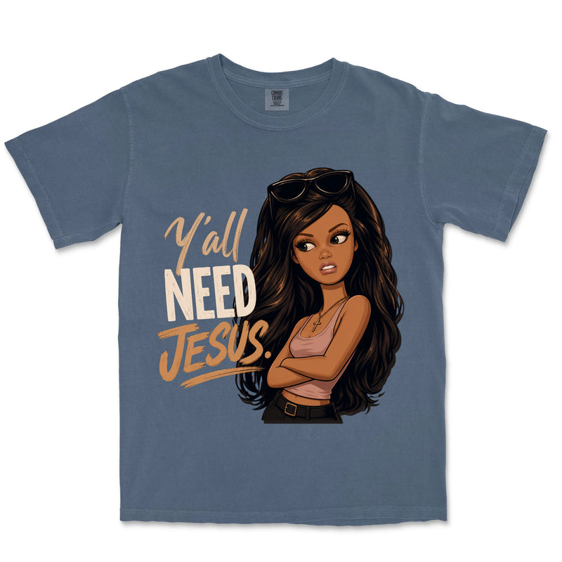 Y'all Need Jesus Illustrated Tee | Denim front