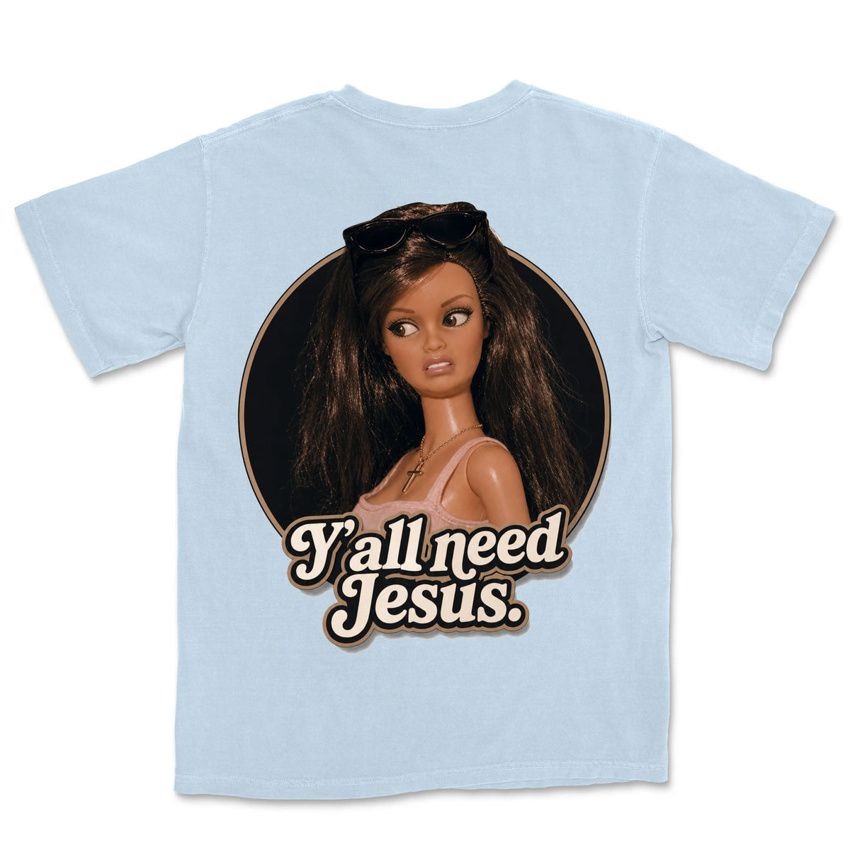 Y'all Need Jesus Retro Portrait Tee | Hydrangea back